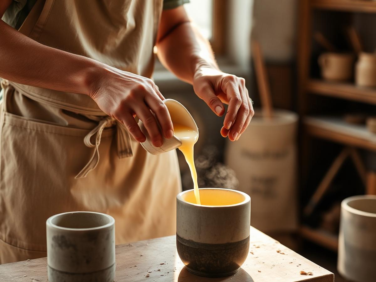 Artisan pouring wax into a concrete candle vessel in a sunlit studio